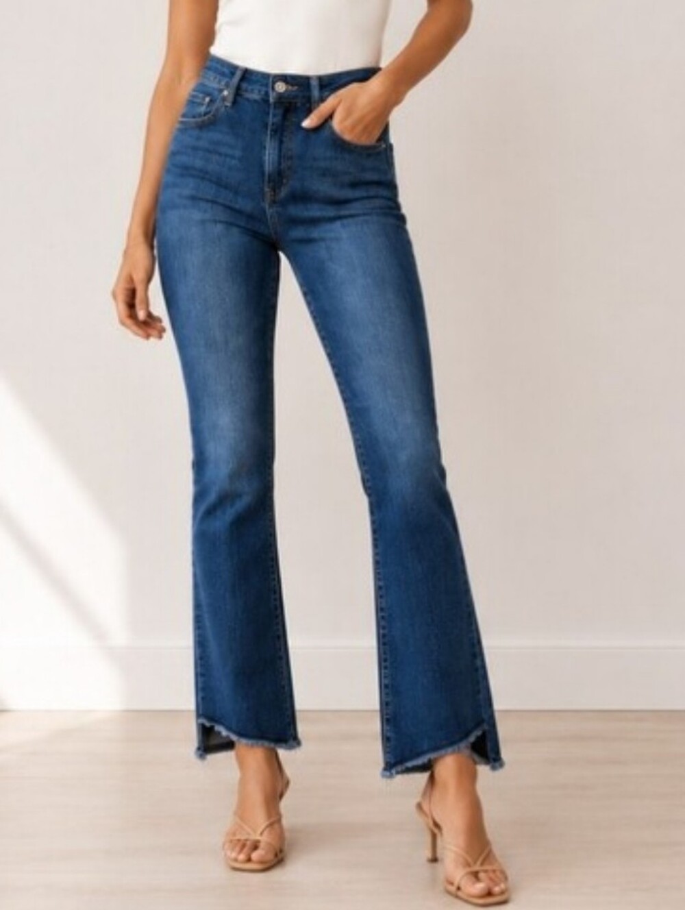 Charlie B Denim High-Rise Asymmetrical Raw Hem Straight Jeans (Size: 12)
